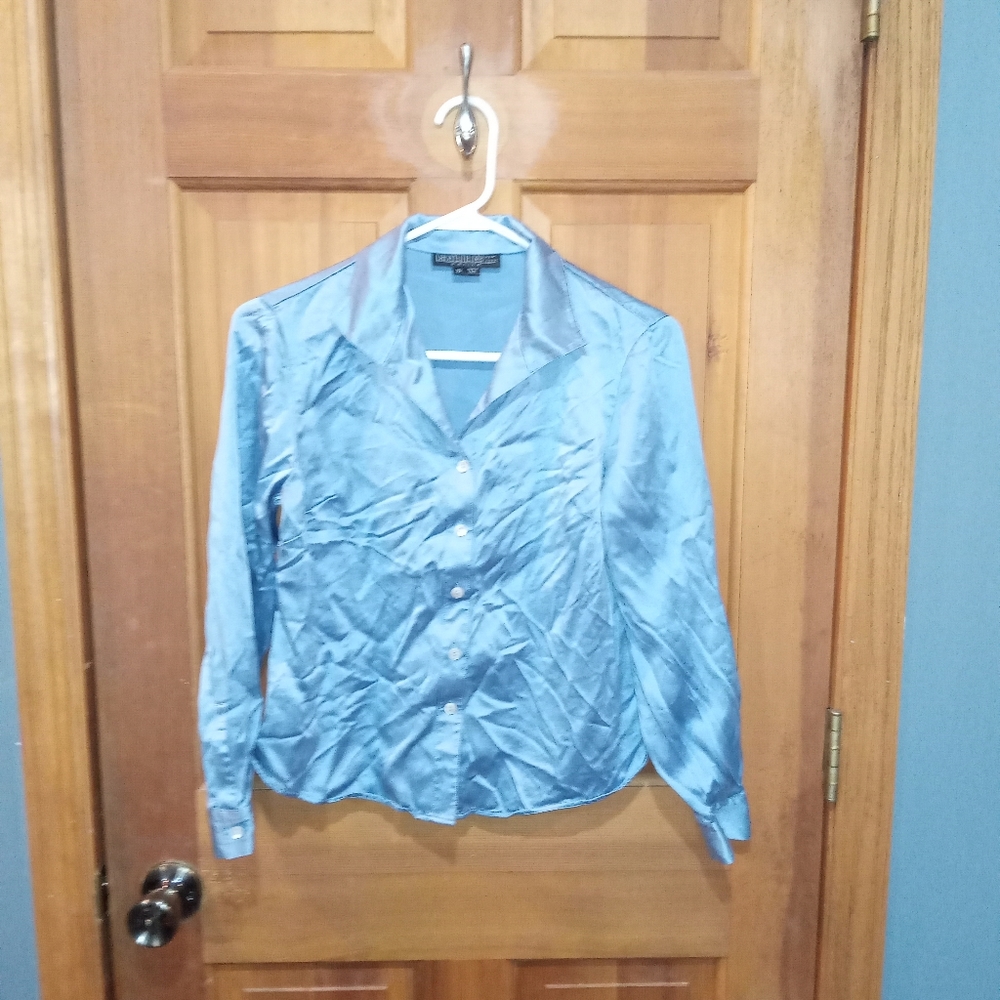 Lafayette 148 New York Light Blue Satin Button-Down Shirt